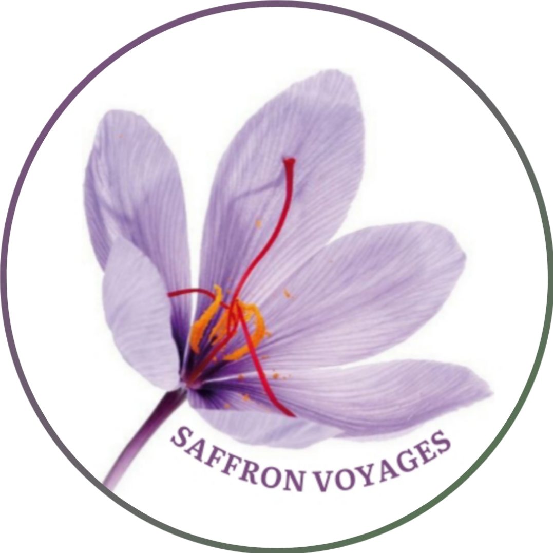 saffron flower in a gradient purple green outline circle with Saffron Voyages written in caps below the petal